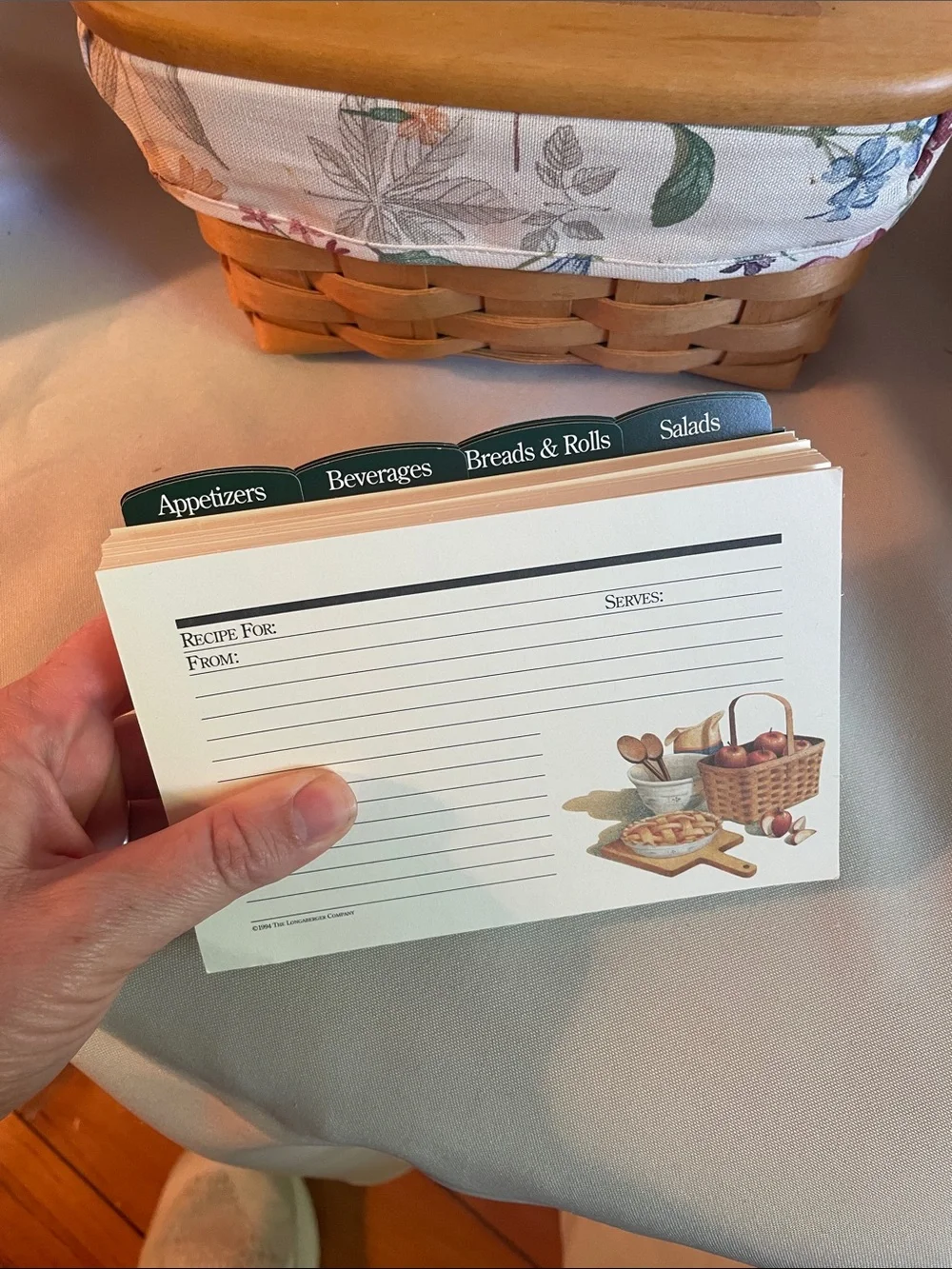 Longaberger Recipe Basket with botanical Liner and recipe cards